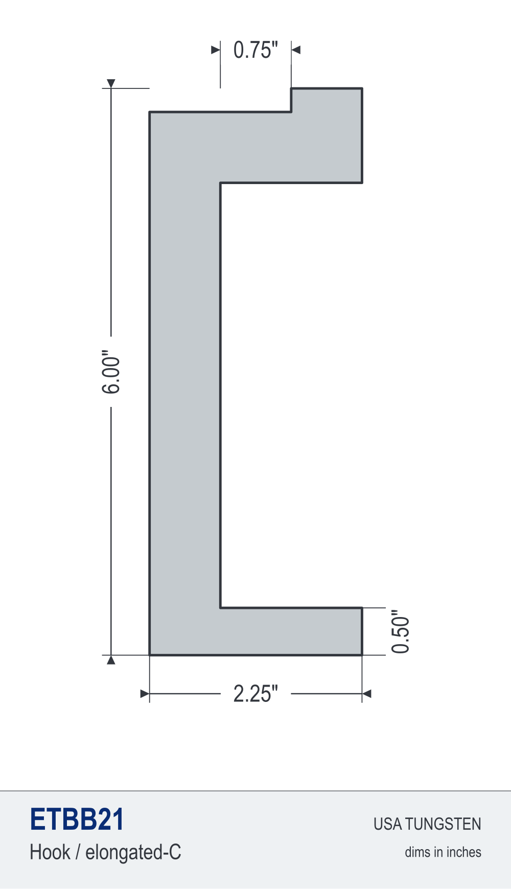 ETBB21 tungsten bucking bar dimensioned drawing ETBB21 tungsten bucking bar dimensioned drawing, hook