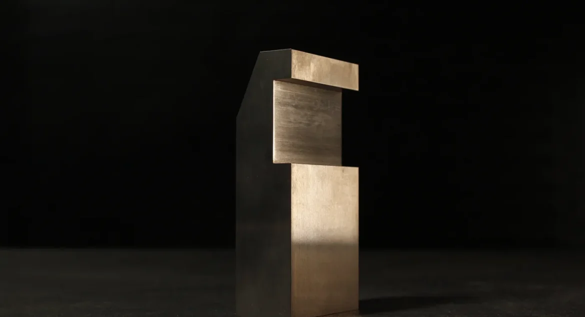 Compact tungsten bucking bar with a notched step cut, standing upright on a dark workbench