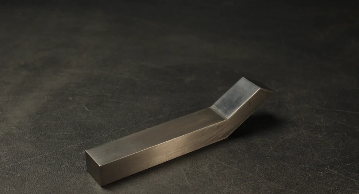Offset tungsten bucking bar on a steel bench, polished working face catching the light, used to back solid rivets