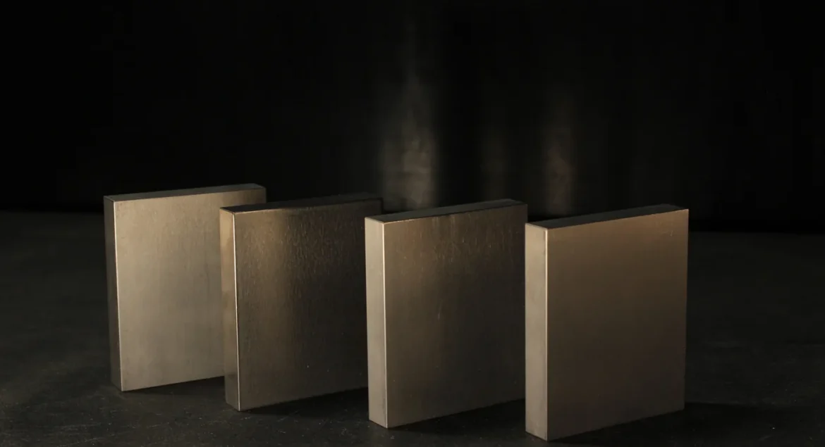Four flat rectangular tungsten bucking bars standing in a staggered row on a dark bench, the range of weights a rivet gun and bar get matched across